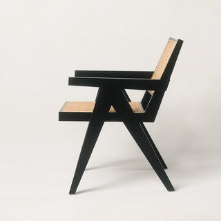 Pierre Jeanneret Teak Wood Rattan Chair in Black