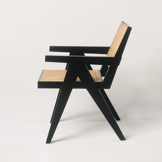 Pierre Jeanneret Teak Wood Rattan Chair in Black