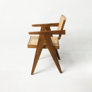 Pierre Jeanneret Teak Wood Rattan Chair in Tan