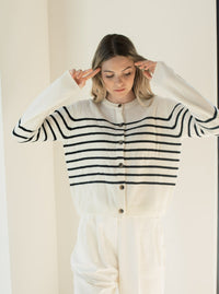 Thumbnail for Striped Crew Neck Cardigan Sweater