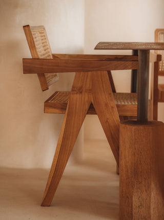 Pierre Jeanneret Teak Wood Rattan Chair in Tan